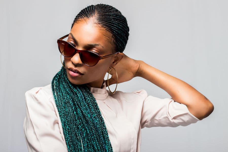 Teal ombré braids with statement sunglasses
